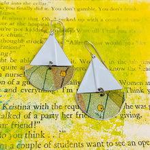 Load image into Gallery viewer, Leaf Skeleton Upcycled Tin Sailboat Earrings