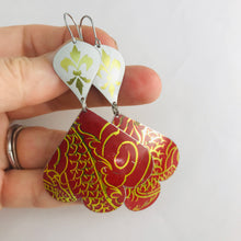 Load image into Gallery viewer, Gold Fleur de Lis on White &amp; Reds Trefoil Upcyled Tin Earrings