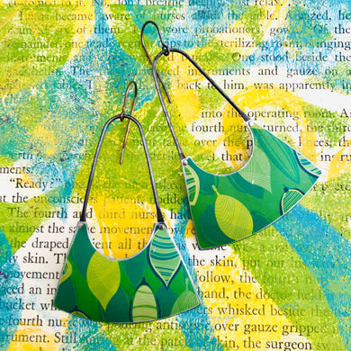 Mod Green Leaf Pattern Upcycled Tin Fan Earrings