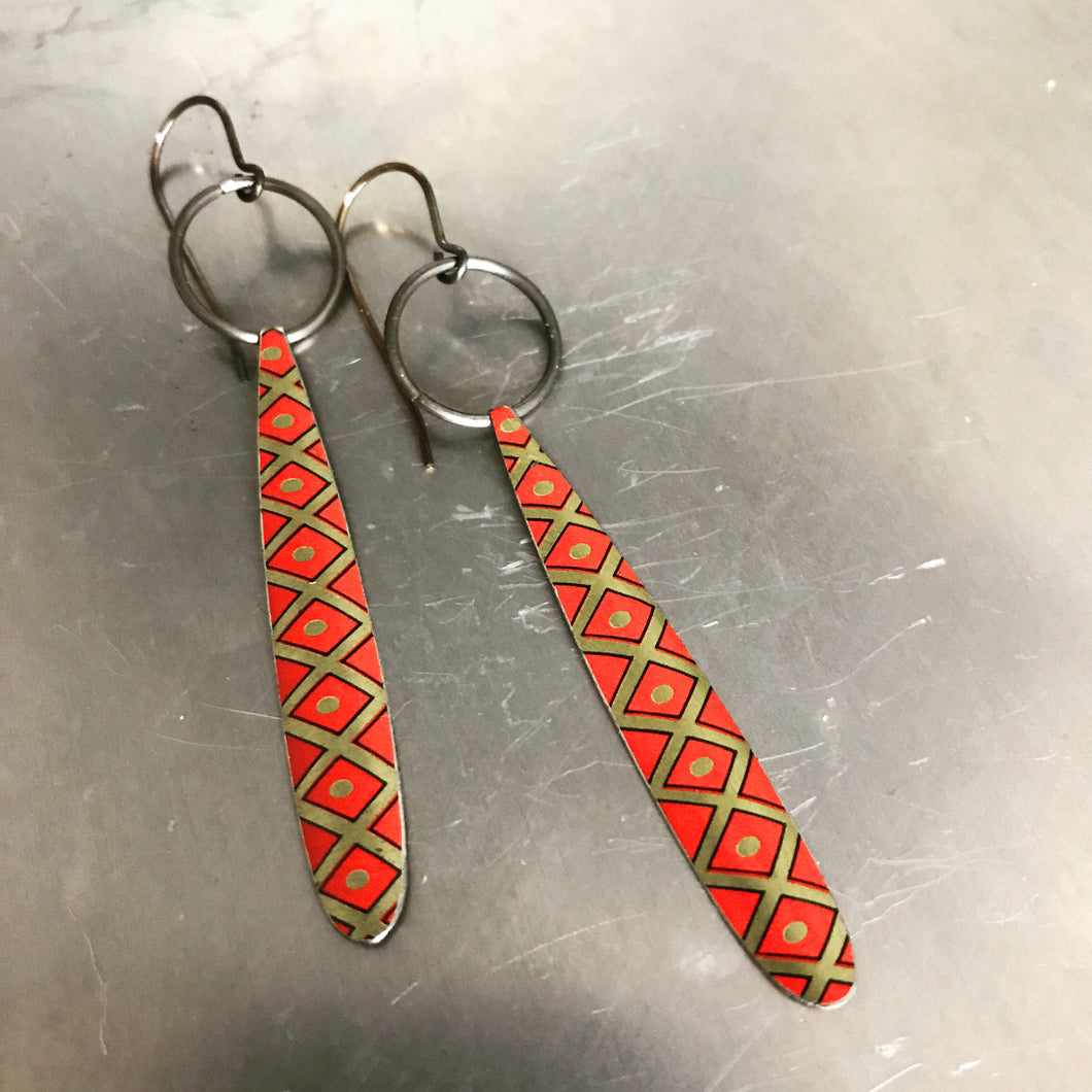 Golden Lattice on Scarlet Upcycled Tin Earrings by Christine Terrell for adaptive reuse jewelry