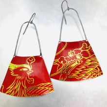 Load image into Gallery viewer, Firebird and Dragon on Red Recycled Tin Earrings