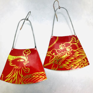 Firebird and Dragon on Red Recycled Tin Earrings