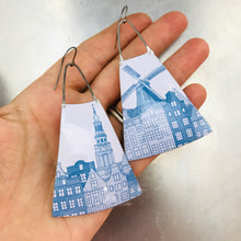 Load image into Gallery viewer, Blue Windmill on White Upcycled Tin Earrings