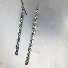 Load image into Gallery viewer, Delft Blue Long Thin Upcycled Tin Earrings by Christine Terrell for adaptive reuse jewelry