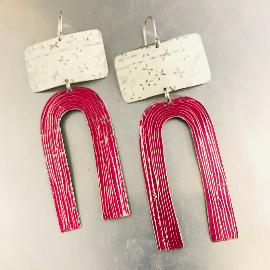 White X'd and Magenta Etched Arch Tin Earrings
