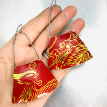 Load image into Gallery viewer, Firebird and Dragon on Red Recycled Tin Earrings