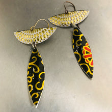Load image into Gallery viewer, Golden Sunflowers and Swirls on Black Zero Waste Tin Earrings Ethical Jewelry