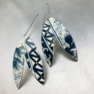 Blue and White Patterned Double Leaf Upcycled Tin Earrings