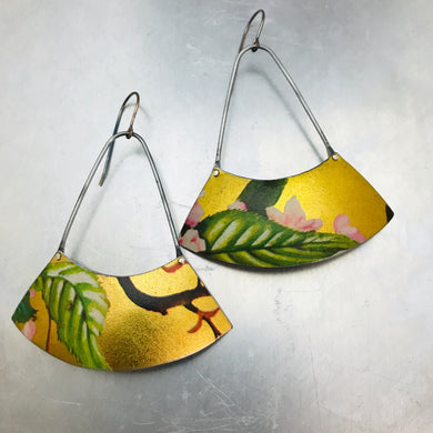 Green Leaves on Gold Large Fan Recycled Tin Earrings
