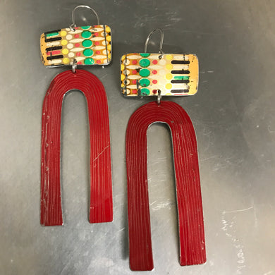 Vintage Dashes Dots and Red Horseshoe Tin Earrings