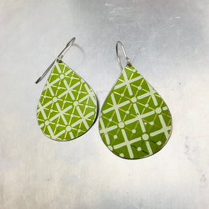 Green Lattice Pattern Upcycled Teardrop Tin Earrings