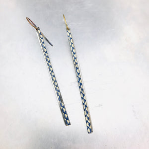 Delft Blue Long Thin Upcycled Tin Earrings by Christine Terrell for adaptive reuse jewelry