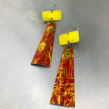 Load image into Gallery viewer, Shimmery Red &amp; Yellow Tea Tin Zero Waste Earrings Ethical Jewelry