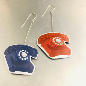 Red & Blue Retro Phones Upcycled Tin Earrings