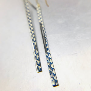 Delft Blue Long Thin Upcycled Tin Earrings by Christine Terrell for adaptive reuse jewelry