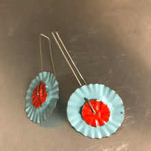 Load image into Gallery viewer, Bright Red &amp; Aqua Ruffled Discs Tin Earrings