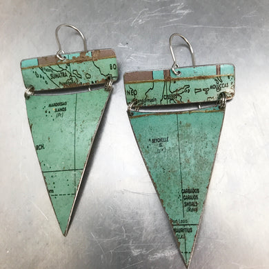 Sumatra Ocean Triangles Vintage Globe Upcycled Tin Earrings