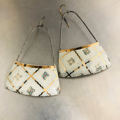 Aqua Flower Wide Fan Recycled Tin Earrings