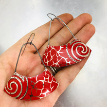 Load image into Gallery viewer, Scarlet Silver Swirled Upcycled Tin Earrings by Christine Terrell for adaptive reuse jewelry