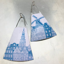 Load image into Gallery viewer, Blue Windmill on White Upcycled Tin Earrings