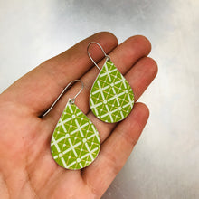 Load image into Gallery viewer, Green Lattice Pattern Upcycled Teardrop Tin Earrings