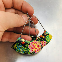 Load image into Gallery viewer, Asian Tea Tin Flowers Large Fan Recycled Tin Earrings