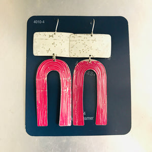 White X'd and Magenta Etched Arch Tin Earrings