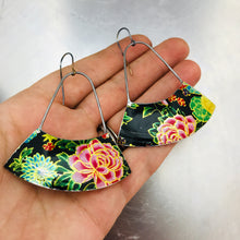 Load image into Gallery viewer, Asian Tea Tin Flowers Large Fan Recycled Tin Earrings
