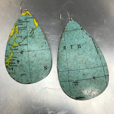 Japan and North Sea Vintage Globe Upcycled Large Teardrop Tin Earrings