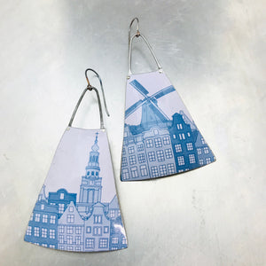Blue Windmill on White Upcycled Tin Earrings