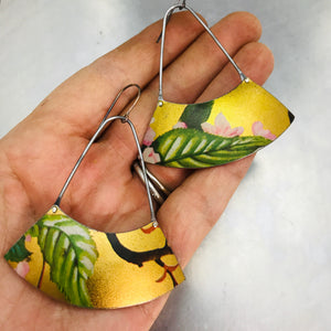 Green Leaves on Gold Large Fan Recycled Tin Earrings