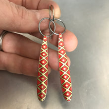 Load image into Gallery viewer, Golden Lattice on Scarlet Upcycled Tin Earrings by Christine Terrell for adaptive reuse jewelry