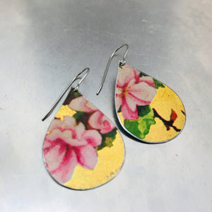 Pink Peonies on Gold Upcycled Teardrop Tin Earrings