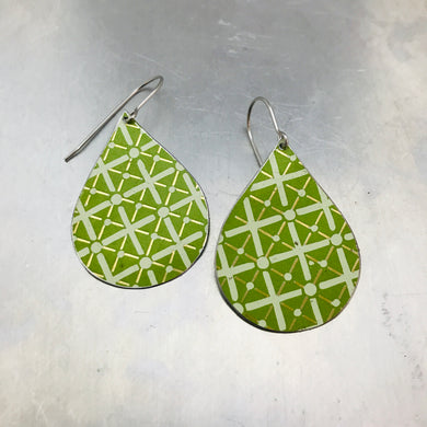 Green Lattice Pattern Upcycled Teardrop Tin Earrings
