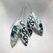 Load image into Gallery viewer, Blue and White Patterned Double Leaf Upcycled Tin Earrings