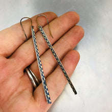 Load image into Gallery viewer, Delft Blue Long Thin Upcycled Tin Earrings by Christine Terrell for adaptive reuse jewelry