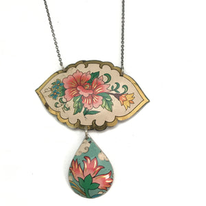 Vintage Pink Flowers Upcycled Tin Necklace