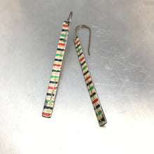 Load image into Gallery viewer, Vintage Green Red &amp; Black Dashes Narrow Edge Vintage Upcycled Tin Earrings