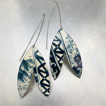 Load image into Gallery viewer, Blue and White Patterned Double Leaf Upcycled Tin Earrings