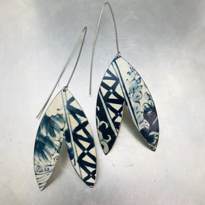 Blue and White Patterned Double Leaf Upcycled Tin Earrings