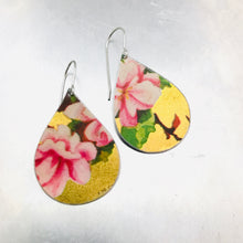 Load image into Gallery viewer, Pink Peonies on Gold Upcycled Teardrop Tin Earrings